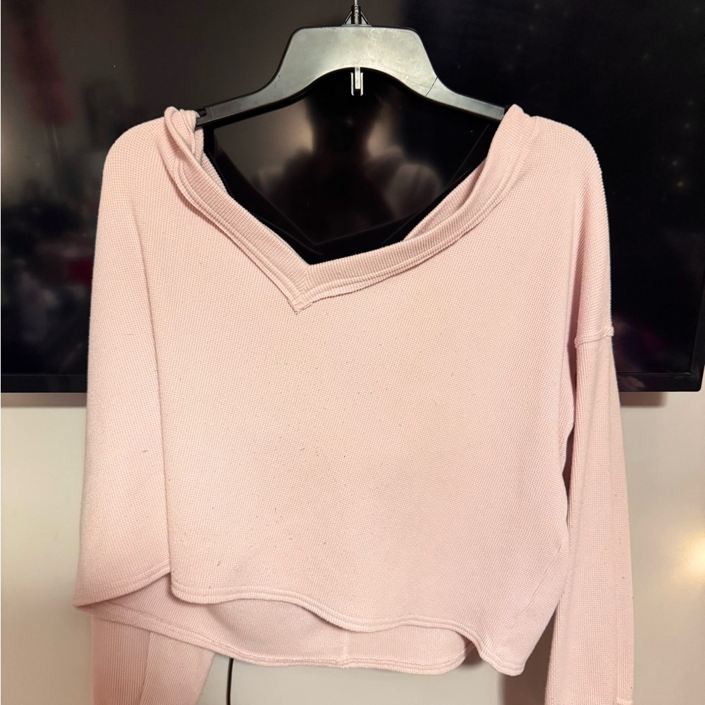 Cropped Pink Knit V-Neck Off shoulder Sweater